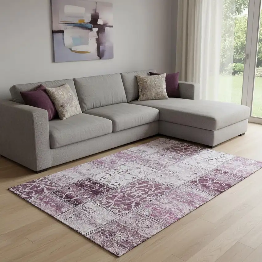 Burgundy And Ivory Patchwork Washable Area Rug With UV Protection Photo 1