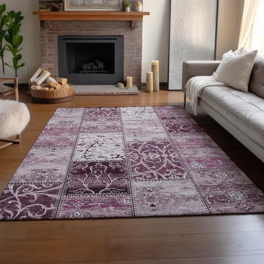 Burgundy And Ivory Patchwork Washable Area Rug With UV Protection Photo 6