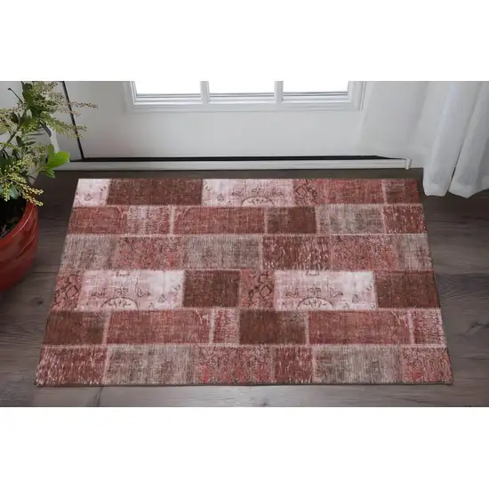 Burgundy And Ivory Patchwork Washable Area Rug With UV Protection Photo 2