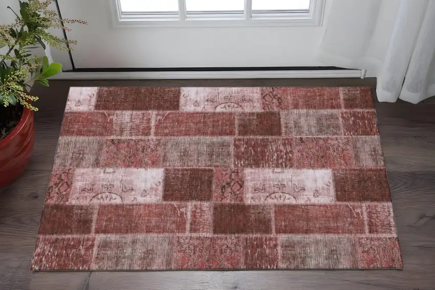 Burgundy And Ivory Patchwork Washable Area Rug With UV Protection Photo 2