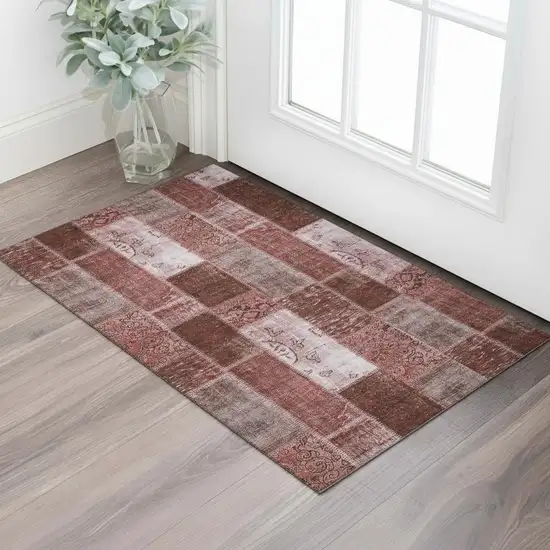 Burgundy And Ivory Patchwork Washable Area Rug With UV Protection Photo 1
