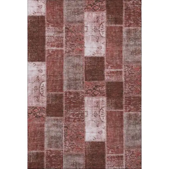 Burgundy And Ivory Patchwork Washable Area Rug With UV Protection Photo 3