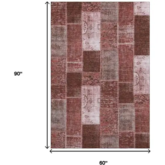 Burgundy And Ivory Patchwork Washable Area Rug With UV Protection Photo 3