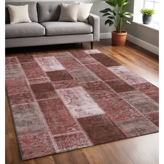 Burgundy And Ivory Patchwork Washable Area Rug With UV Protection Photo 2