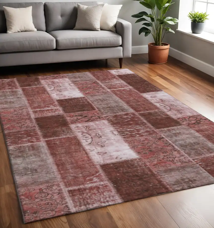 Burgundy And Ivory Patchwork Washable Area Rug With UV Protection Photo 2
