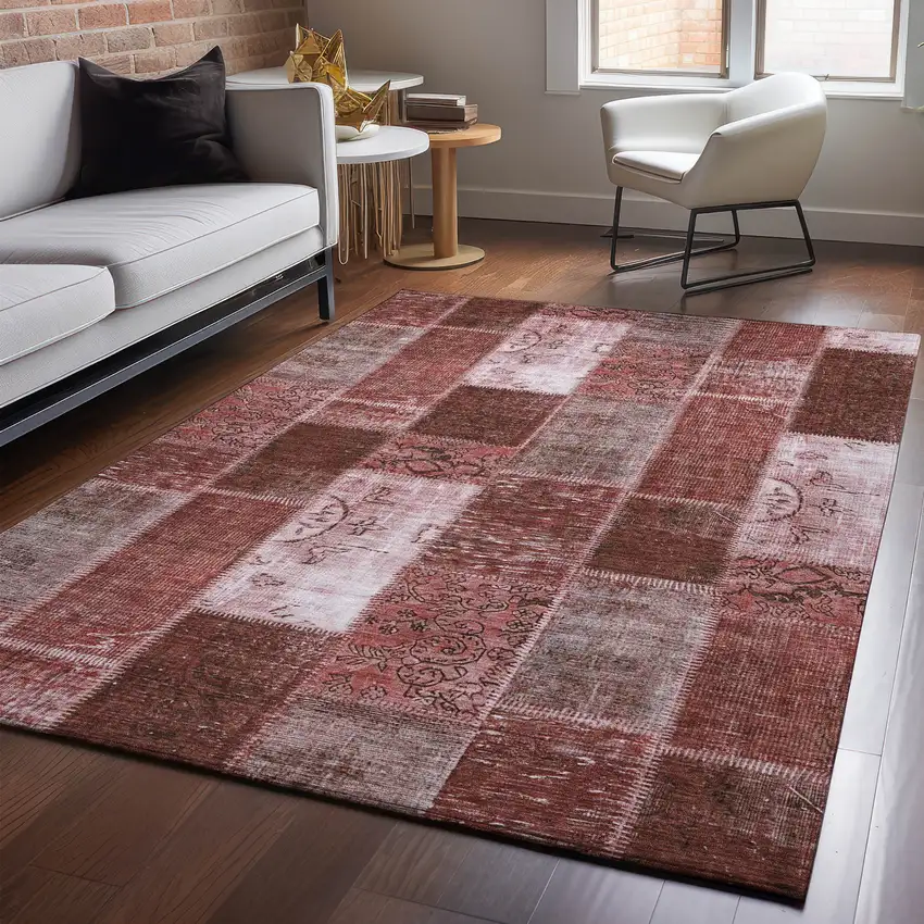 Burgundy And Ivory Patchwork Washable Area Rug With UV Protection Photo 4