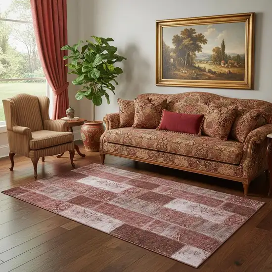 Burgundy And Ivory Patchwork Washable Area Rug With UV Protection Photo 1