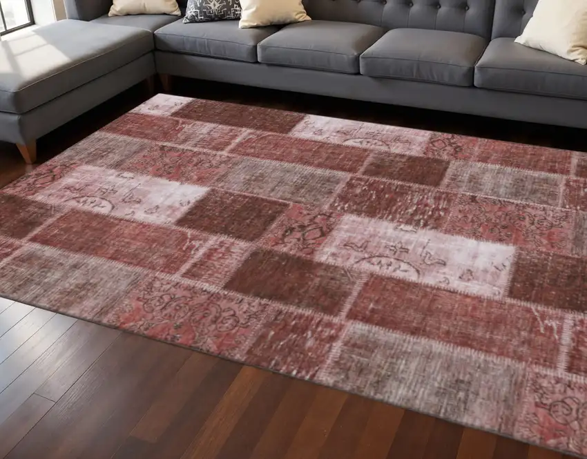 Burgundy And Ivory Patchwork Washable Area Rug With UV Protection Photo 2