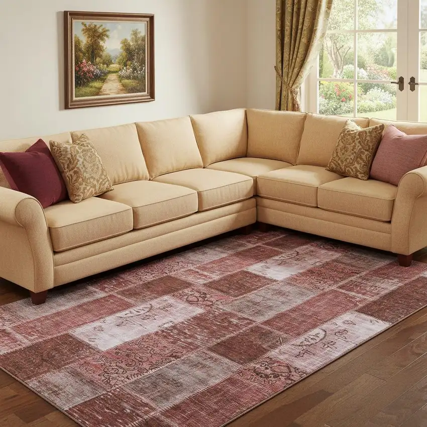 Burgundy And Ivory Patchwork Washable Area Rug With UV Protection Photo 1