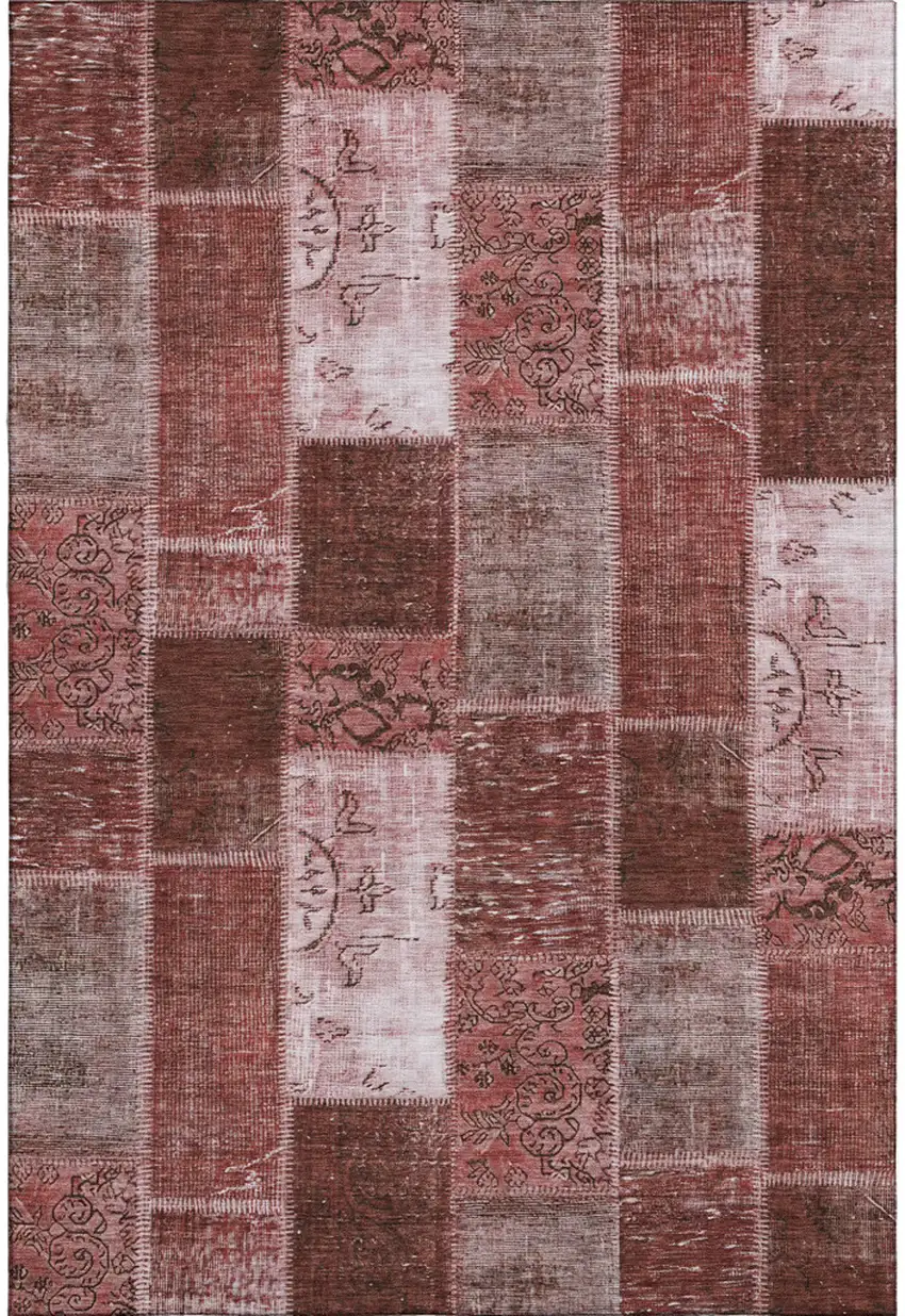 Burgundy And Ivory Patchwork Washable Area Rug With UV Protection Photo 1