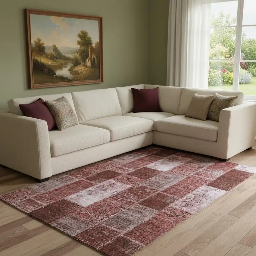 Burgundy And Ivory Patchwork Washable Area Rug With UV Protection Photo 1