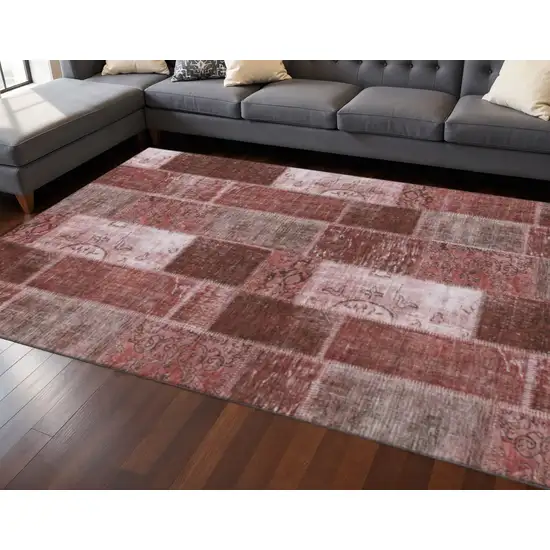 Burgundy And Ivory Patchwork Washable Area Rug With UV Protection Photo 2