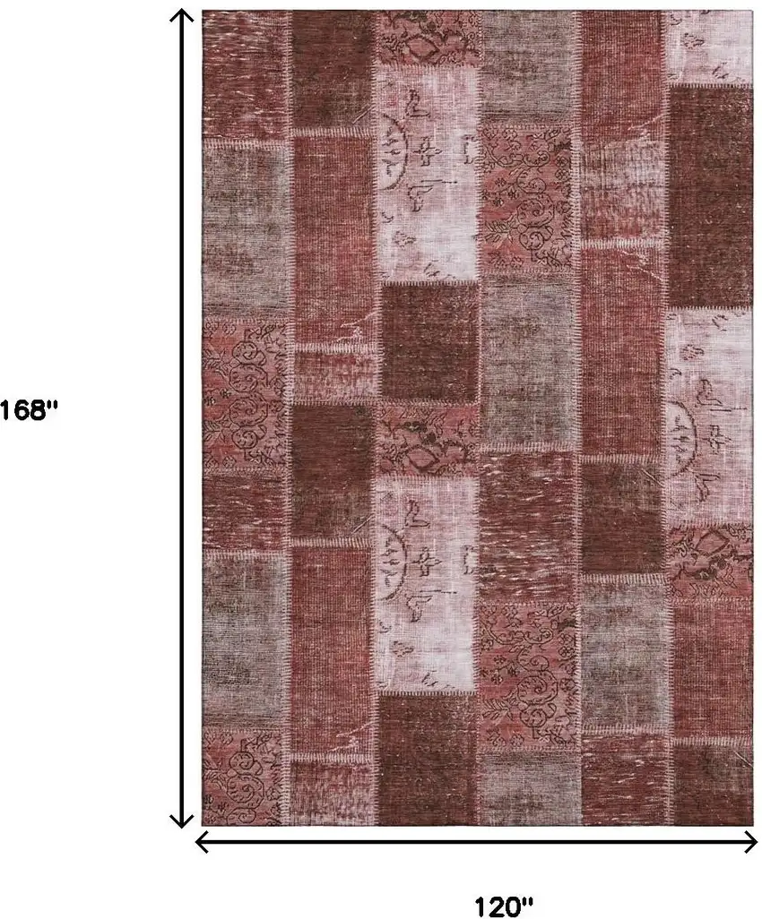 Burgundy And Ivory Patchwork Washable Area Rug With UV Protection Photo 3