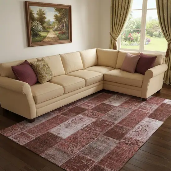Burgundy And Ivory Patchwork Washable Area Rug With UV Protection Photo 1