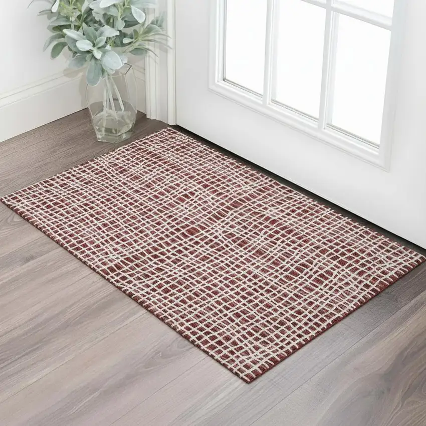 Burgundy And Ivory Striped Washable Area Rug With UV Protection Photo 1