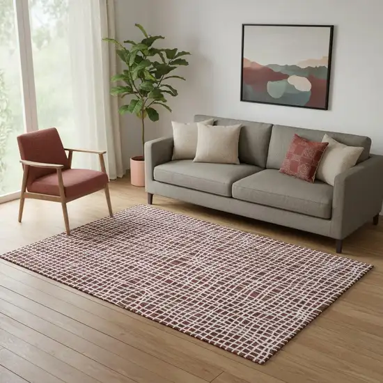 Burgundy And Ivory Striped Washable Area Rug With UV Protection Photo 1