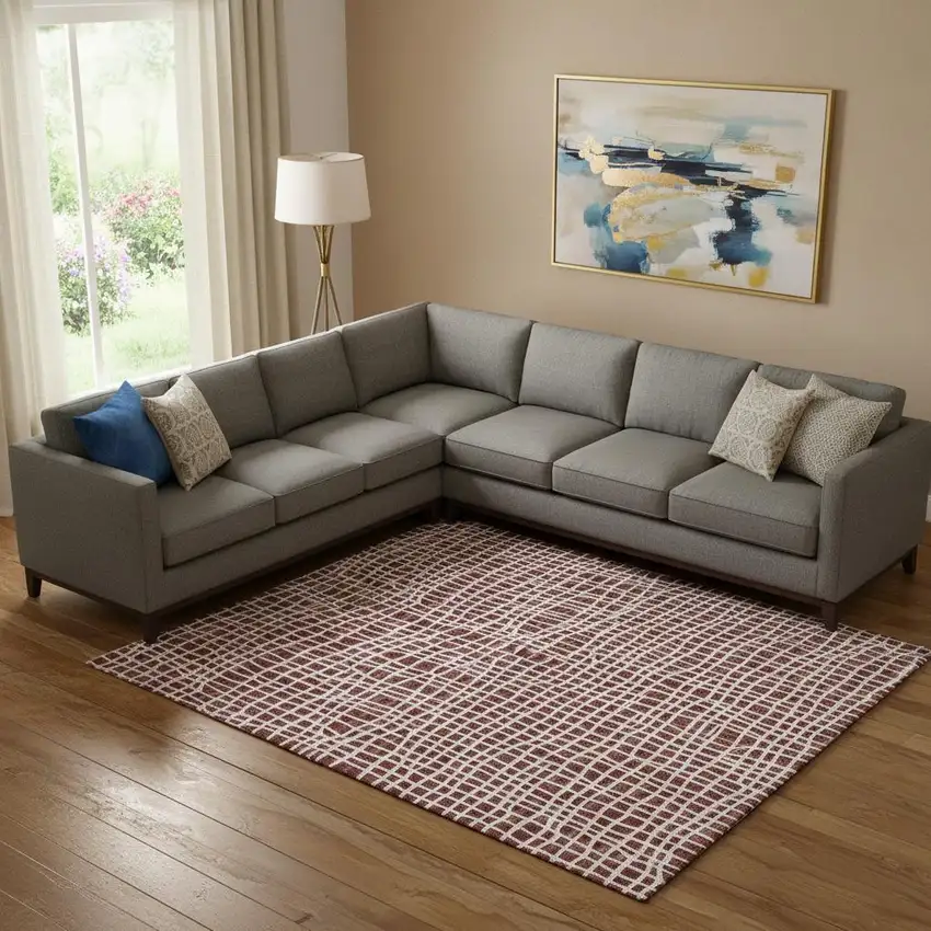 Burgundy And Ivory Striped Washable Area Rug With UV Protection Photo 1