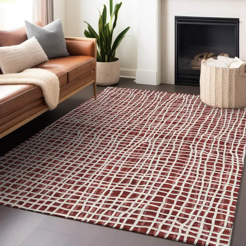 Burgundy And Ivory Striped Washable Area Rug With UV Protection Photo 6
