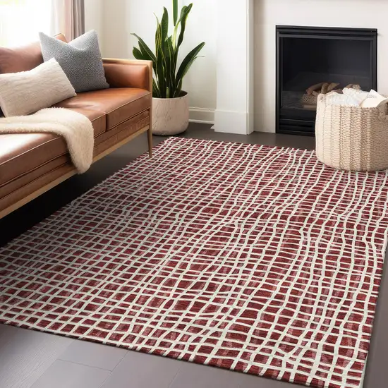 Burgundy And Ivory Striped Washable Area Rug With UV Protection Photo 6