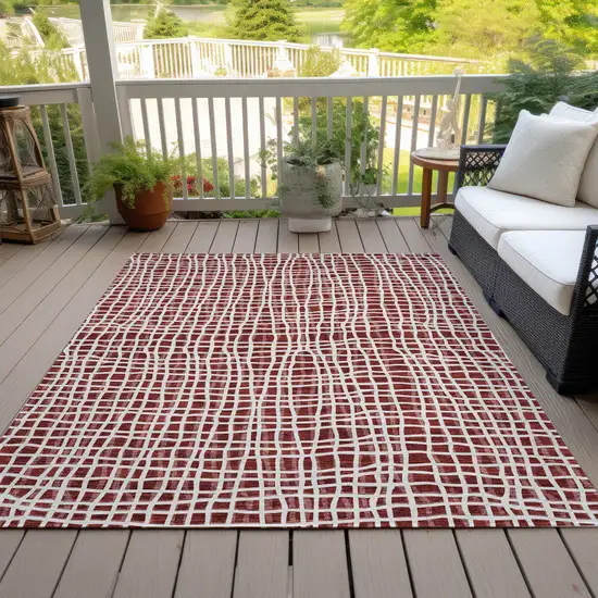 Burgundy And Ivory Striped Washable Indoor Outdoor Area Rug Photo 7