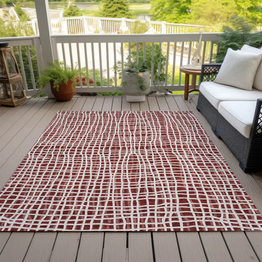 Burgundy And Ivory Striped Washable Indoor Outdoor Area Rug Photo 7
