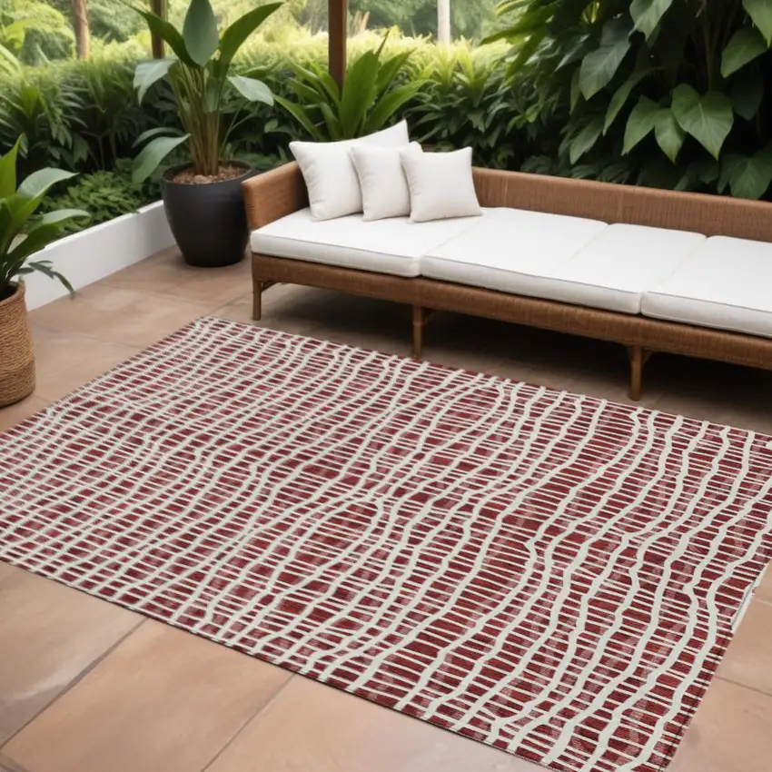 Burgundy And Ivory Striped Washable Indoor Outdoor Area Rug Photo 1