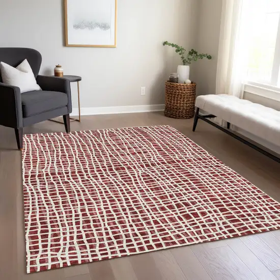 Burgundy And Ivory Striped Washable Indoor Outdoor Area Rug Photo 9