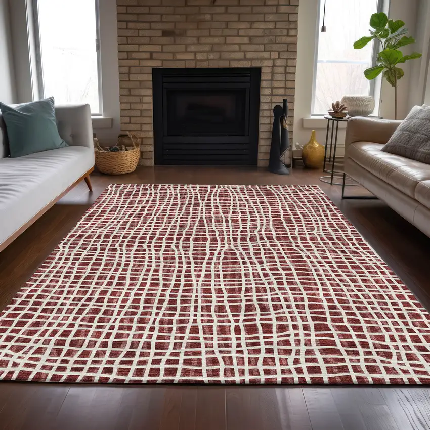 Burgundy And Ivory Striped Washable Indoor Outdoor Area Rug Photo 9