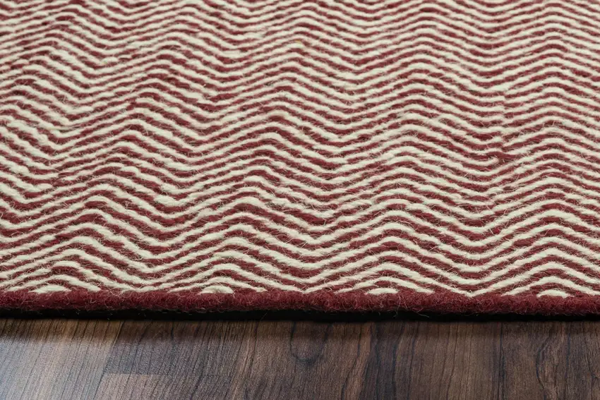 Burgundy And Off White Wool Chevron Hand Woven Area Rug Photo 4