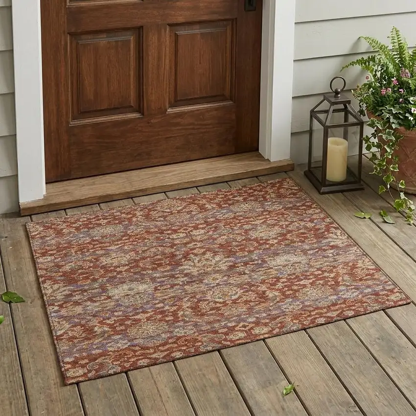 Burgundy And Orange Floral Medallion Washable Indoor Outdoor Area Rug Photo 1