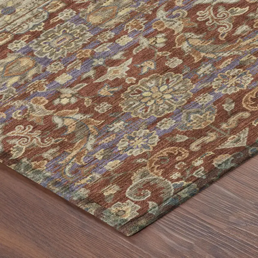 Burgundy And Orange Floral Medallion Washable Indoor Outdoor Area Rug Photo 5