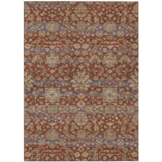 Burgundy And Orange Floral Medallion Washable Indoor Outdoor Area Rug Photo 2