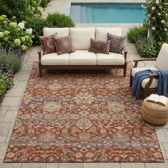 Burgundy And Orange Floral Medallion Washable Indoor Outdoor Area Rug Photo 1