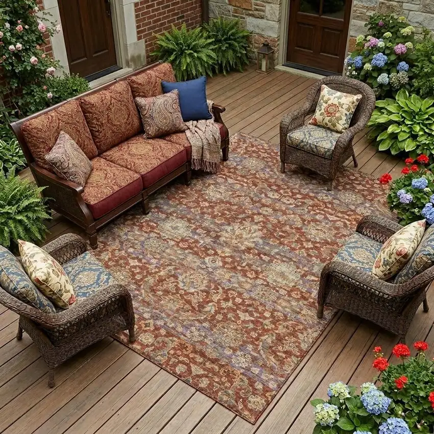 Burgundy And Orange Floral Medallion Washable Indoor Outdoor Area Rug Photo 1