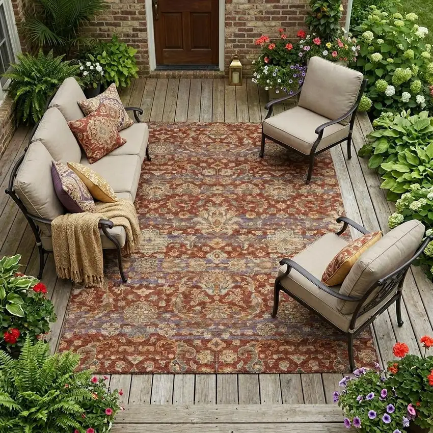 Burgundy And Orange Floral Medallion Washable Indoor Outdoor Area Rug Photo 1