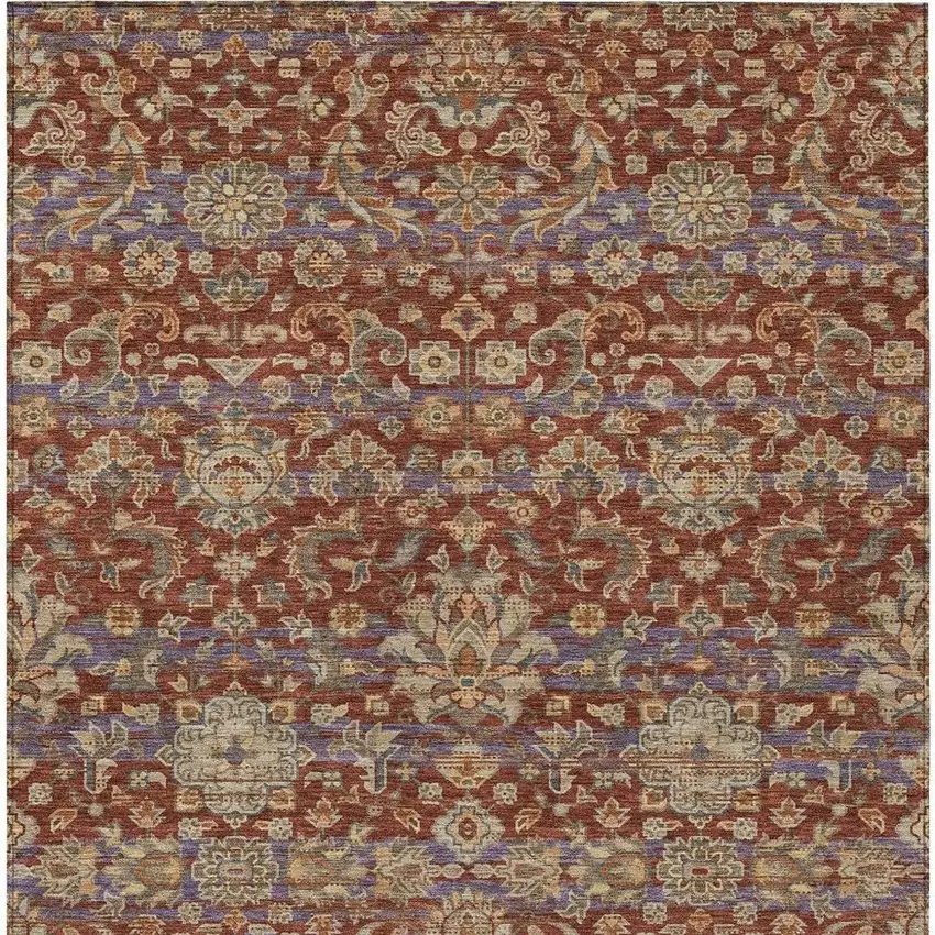 Burgundy And Orange Floral Medallion Washable Indoor Outdoor Area Rug Photo 4