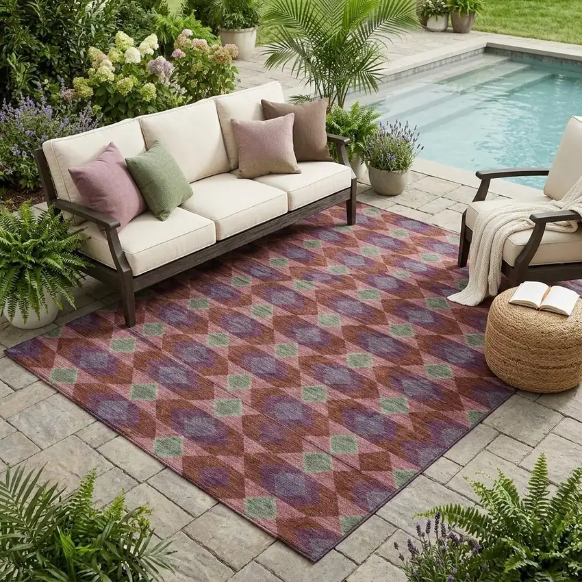 Burgundy And Pewter Geometric Washable Indoor Outdoor Area Rug Photo 1