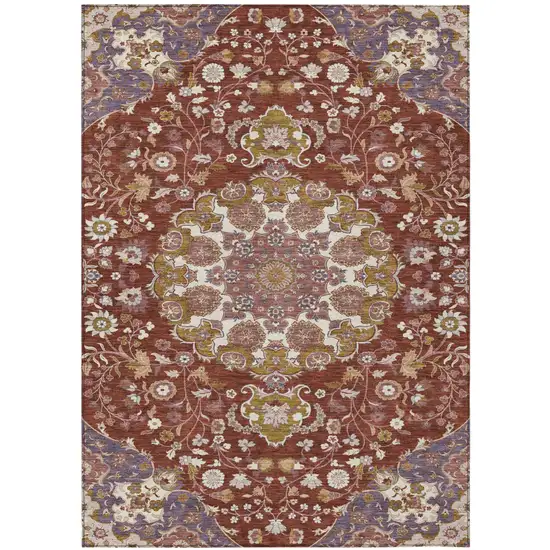Burgundy And Red Damask Washable Indoor Outdoor Area Rug Photo 1