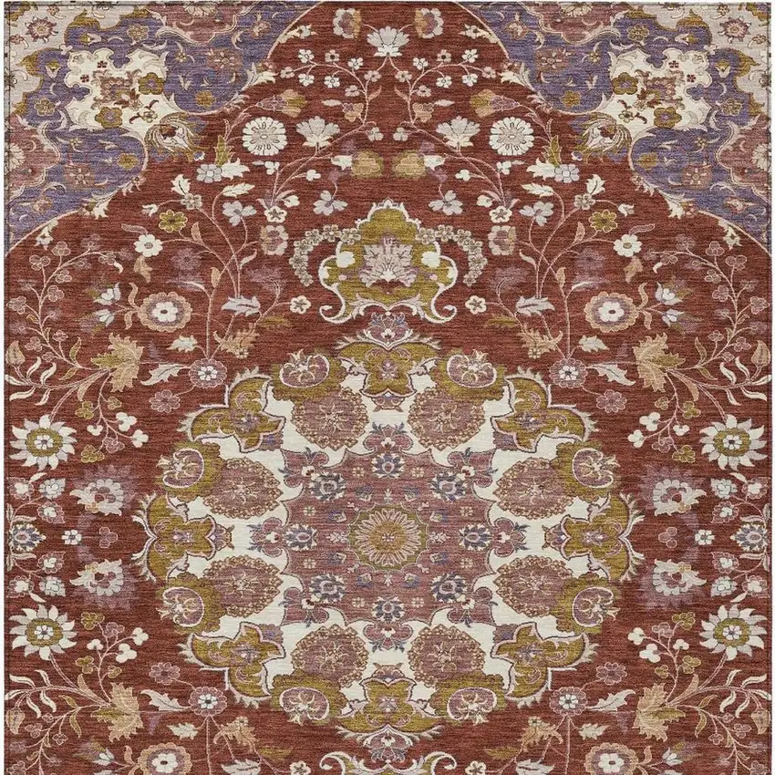 Burgundy And Red Damask Washable Indoor Outdoor Area Rug Photo 2