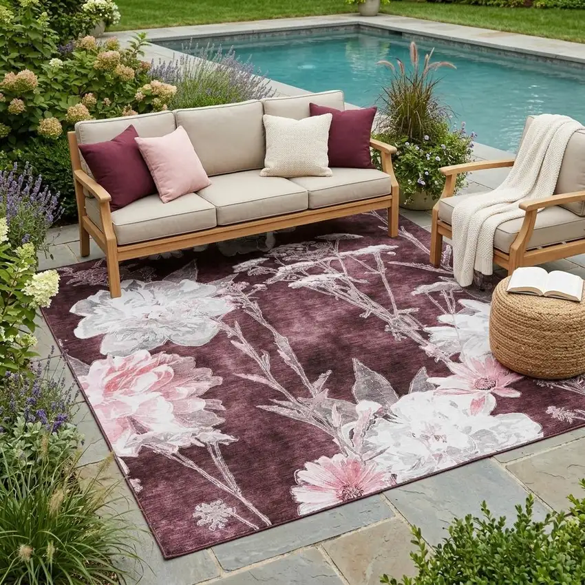 Burgundy And Red Floral Washable Indoor Outdoor Area Rug Photo 1