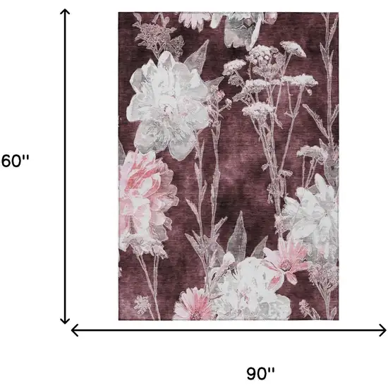 Burgundy And Red Floral Washable Indoor Outdoor Area Rug Photo 5
