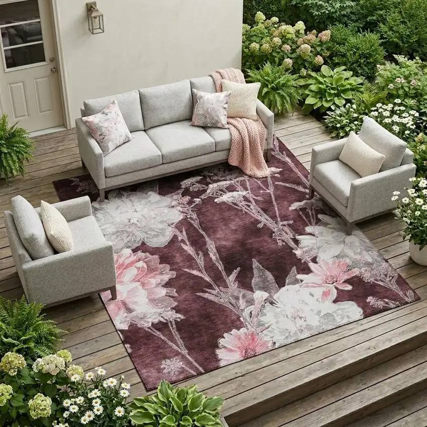 Burgundy And Red Floral Washable Indoor Outdoor Area Rug Photo 1