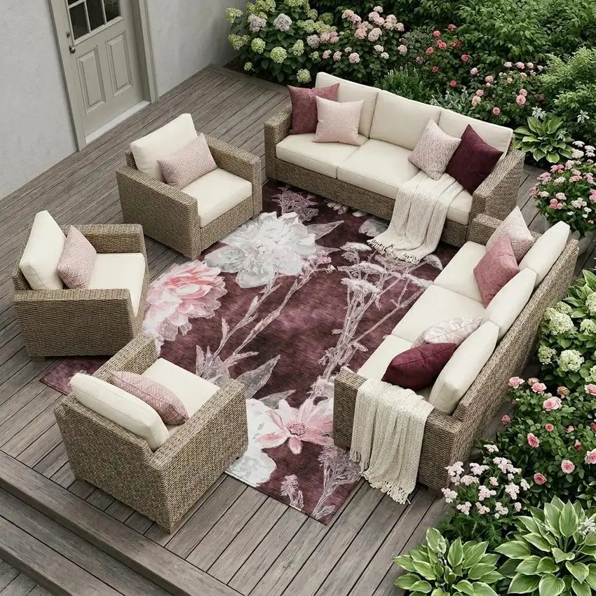 Burgundy And Red Floral Washable Indoor Outdoor Area Rug Photo 1