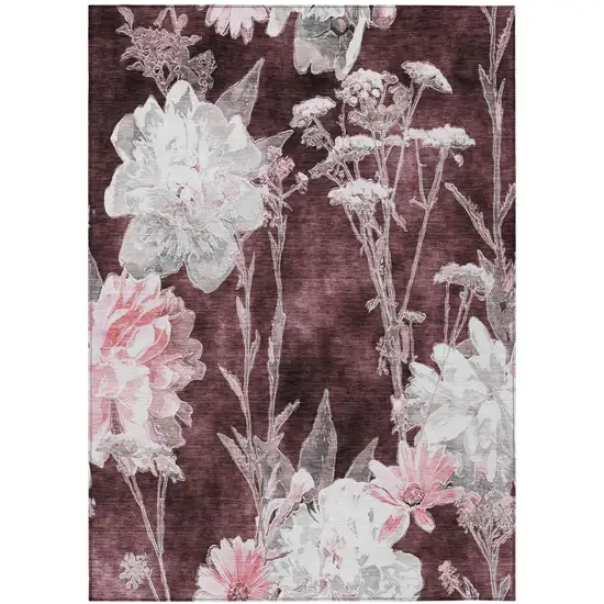 Burgundy And Red Floral Washable Indoor Outdoor Area Rug Photo 2
