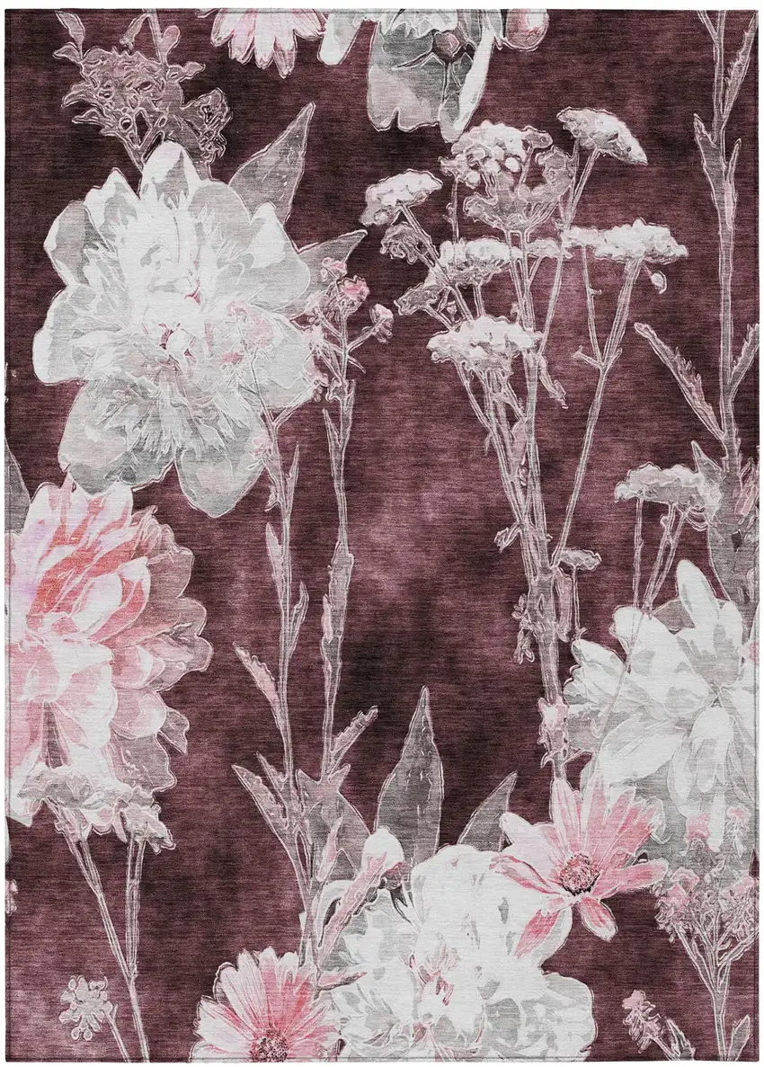 Burgundy And Red Floral Washable Indoor Outdoor Area Rug Photo 2