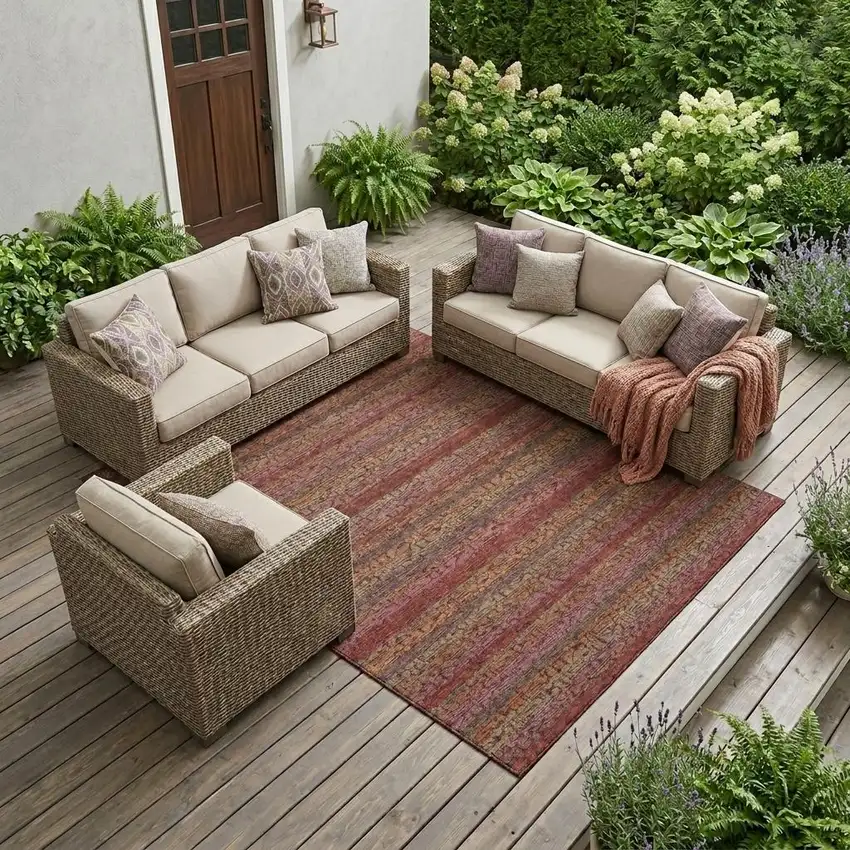 Burgundy And Red Striped Washable Indoor Outdoor Area Rug Photo 1