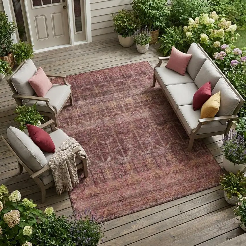 Burgundy And Red Tribal Washable Indoor Outdoor Area Rug Photo 1