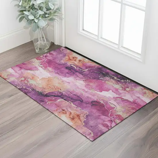 Burgundy And Salmon Abstract Washable Area Rug With UV Protection Photo 2