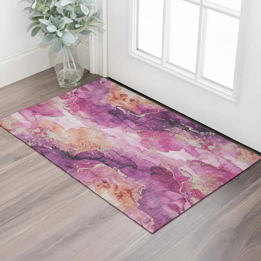 Burgundy And Salmon Abstract Washable Area Rug With UV Protection Photo 2