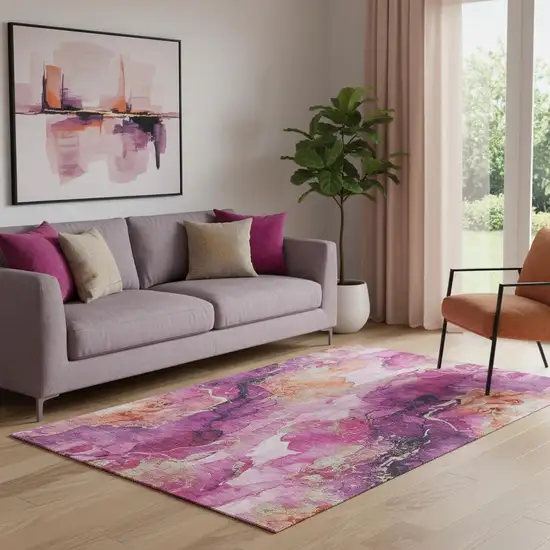 Burgundy And Salmon Abstract Washable Area Rug With UV Protection Photo 2